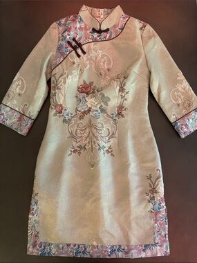 Silk Brocade Floral Cheongsam Dress in Pale Gold and Dusty Rose